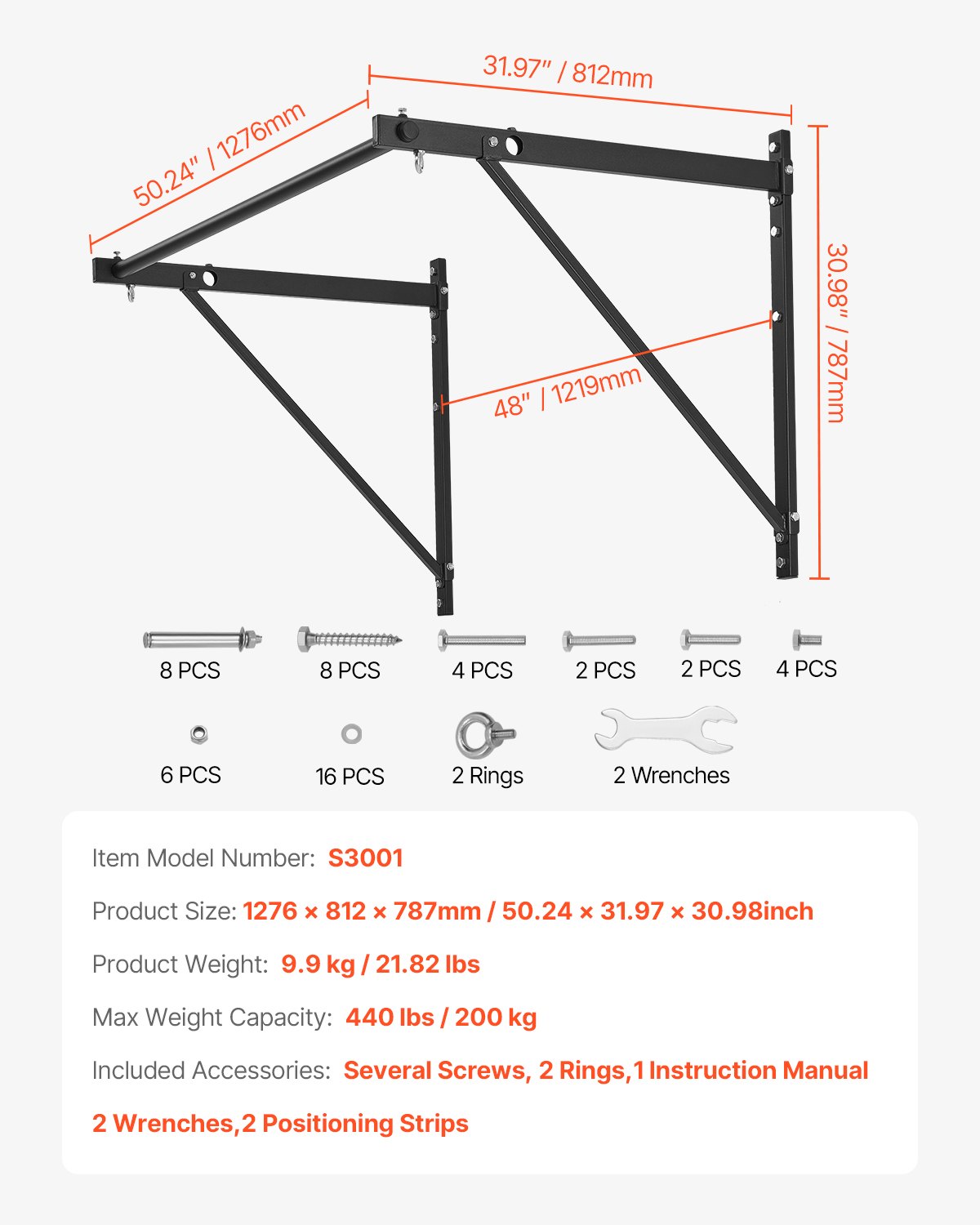 VEVOR Barra de Dominadas Montaje en Pared, Profundidad Ajustable a 56 cm o 76 cm, para Entrenamiento de la Parte Superior del Cuerpo, Capacidad 200 kg, para Gimnasio en Casa, 1276 x 812 x 787 mm