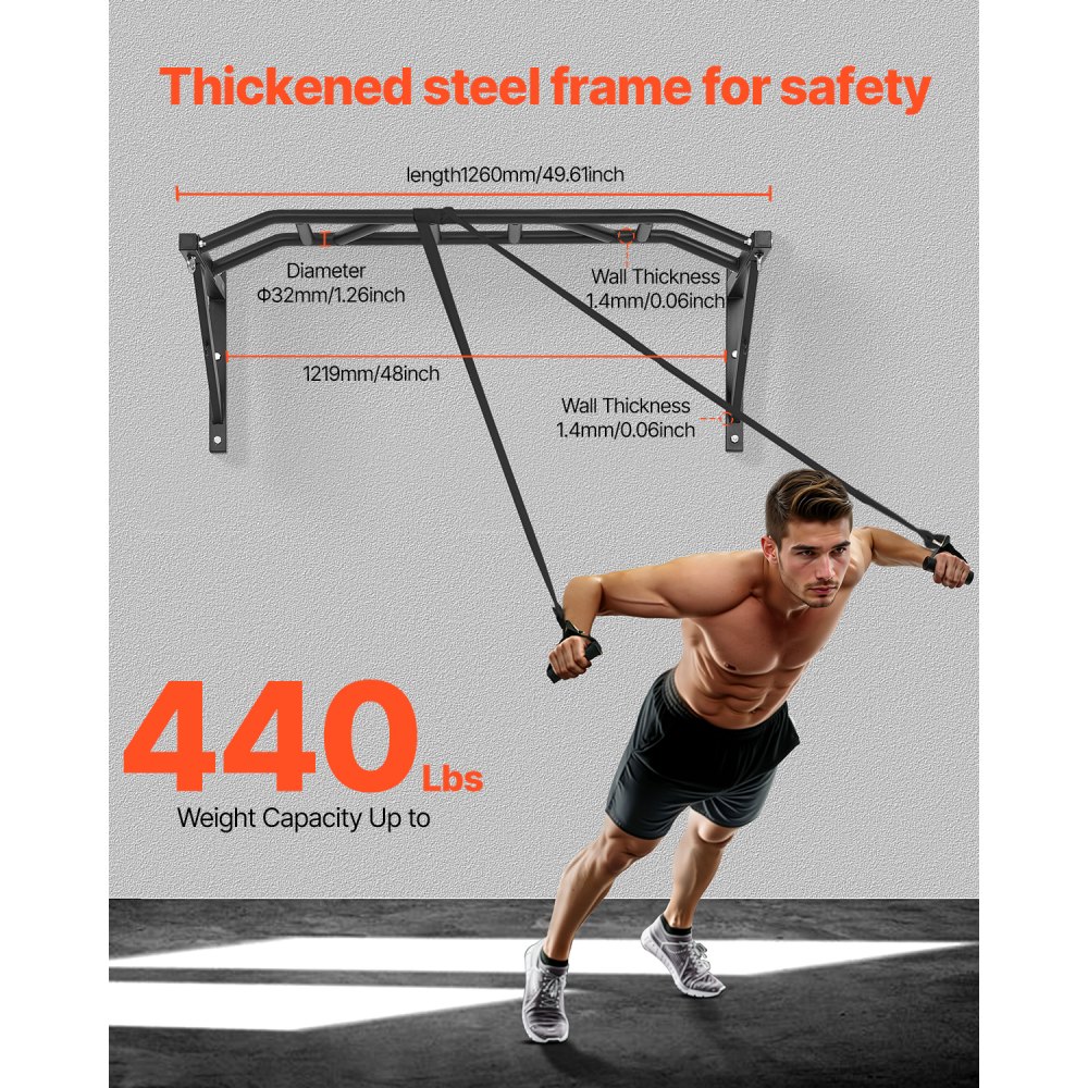 VEVOR Barra de Dominadas de Pared con Agarre Múltiple, para Entrenamiento de Parte Superior del Cuerpo con Perchas, Capacidad 200 kg, para Gimnasio en Casa, 1260 x 586 x 456 mm, Acero al Carbono