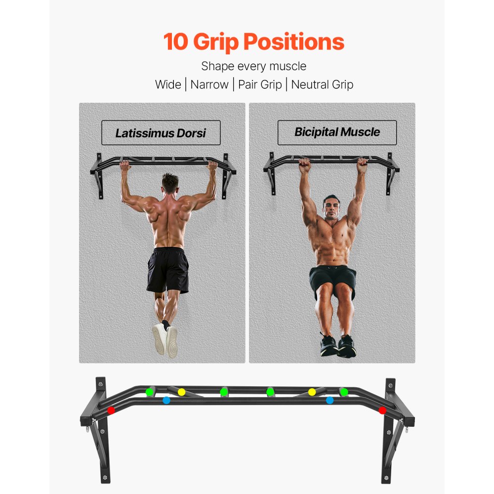 VEVOR Barra de Dominadas de Pared con Agarre Múltiple, para Entrenamiento de Parte Superior del Cuerpo con Perchas, Capacidad 200 kg, para Gimnasio en Casa, 1260 x 586 x 456 mm, Acero al Carbono