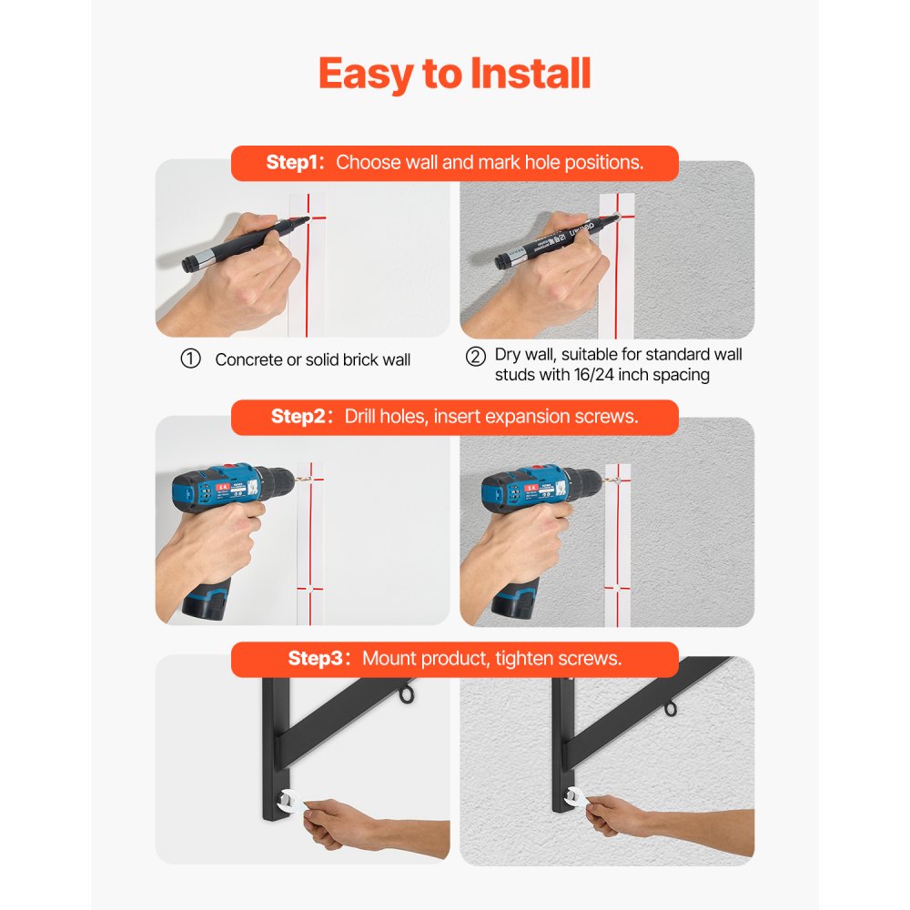 VEVOR Barra de Dominadas de Pared con Agarre Múltiple, para Entrenamiento de Parte Superior del Cuerpo con Perchas, Capacidad 200 kg, para Gimnasio en Casa, 1260 x 586 x 456 mm, Acero al Carbono