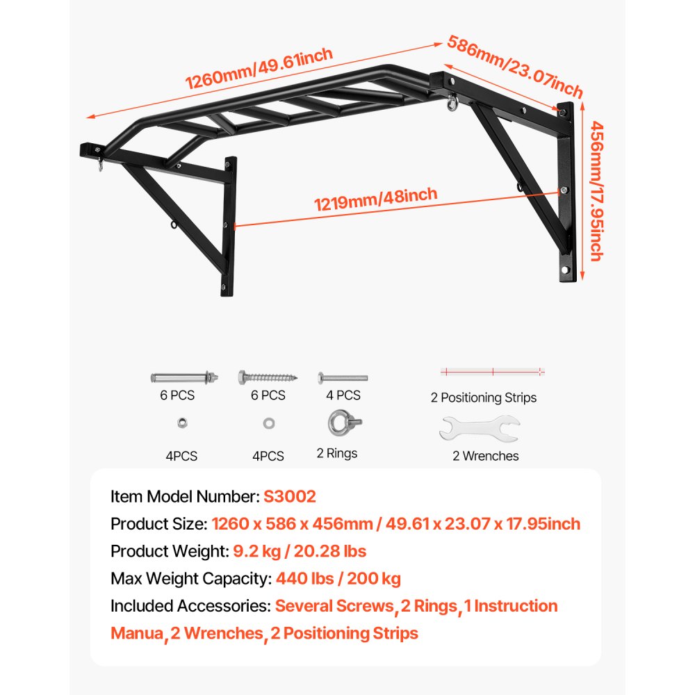 VEVOR Barra de Dominadas de Pared con Agarre Múltiple, para Entrenamiento de Parte Superior del Cuerpo con Perchas, Capacidad 200 kg, para Gimnasio en Casa, 1260 x 586 x 456 mm, Acero al Carbono
