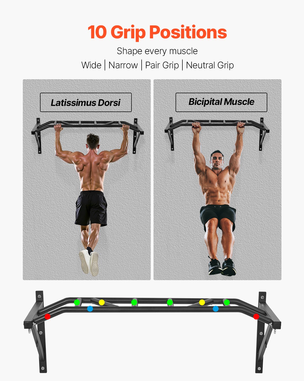 VEVOR Barra de Dominadas de Pared con Agarre Múltiple, para Entrenamiento de Parte Superior del Cuerpo con Perchas, Capacidad 200 kg, para Gimnasio en Casa, 1260 x 586 x 456 mm, Acero al Carbono