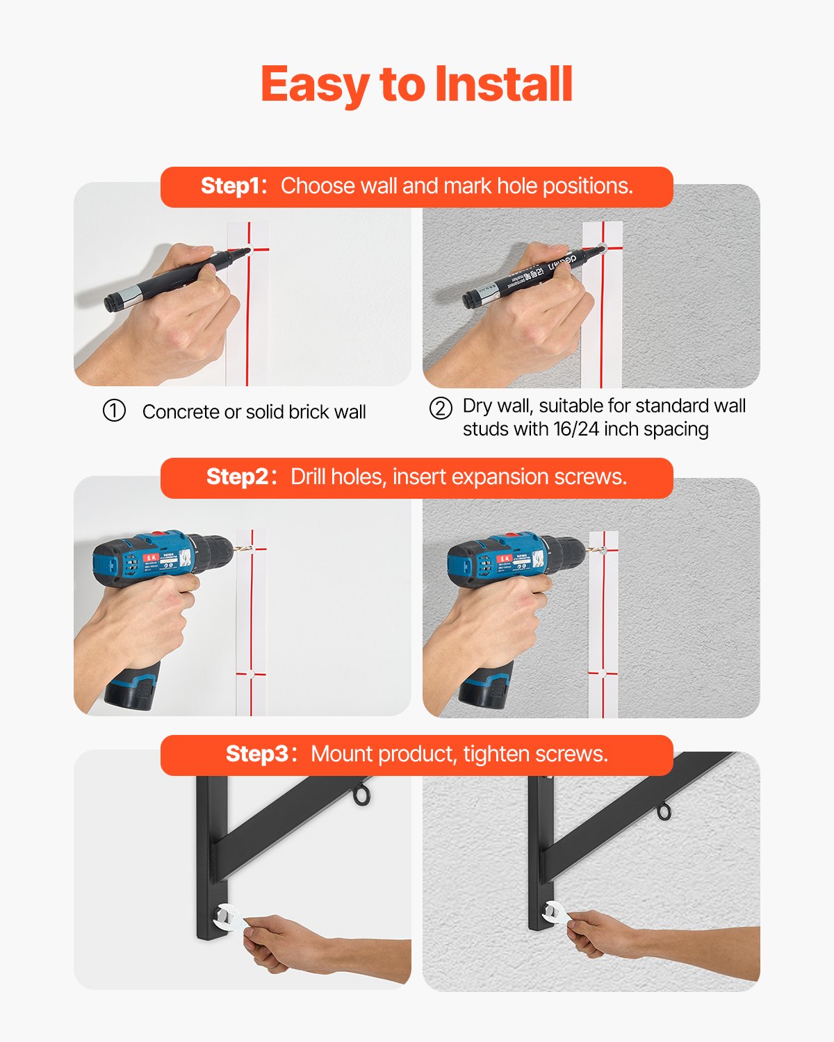 VEVOR Barra de Dominadas de Pared con Agarre Múltiple, para Entrenamiento de Parte Superior del Cuerpo con Perchas, Capacidad 200 kg, para Gimnasio en Casa, 1260 x 586 x 456 mm, Acero al Carbono