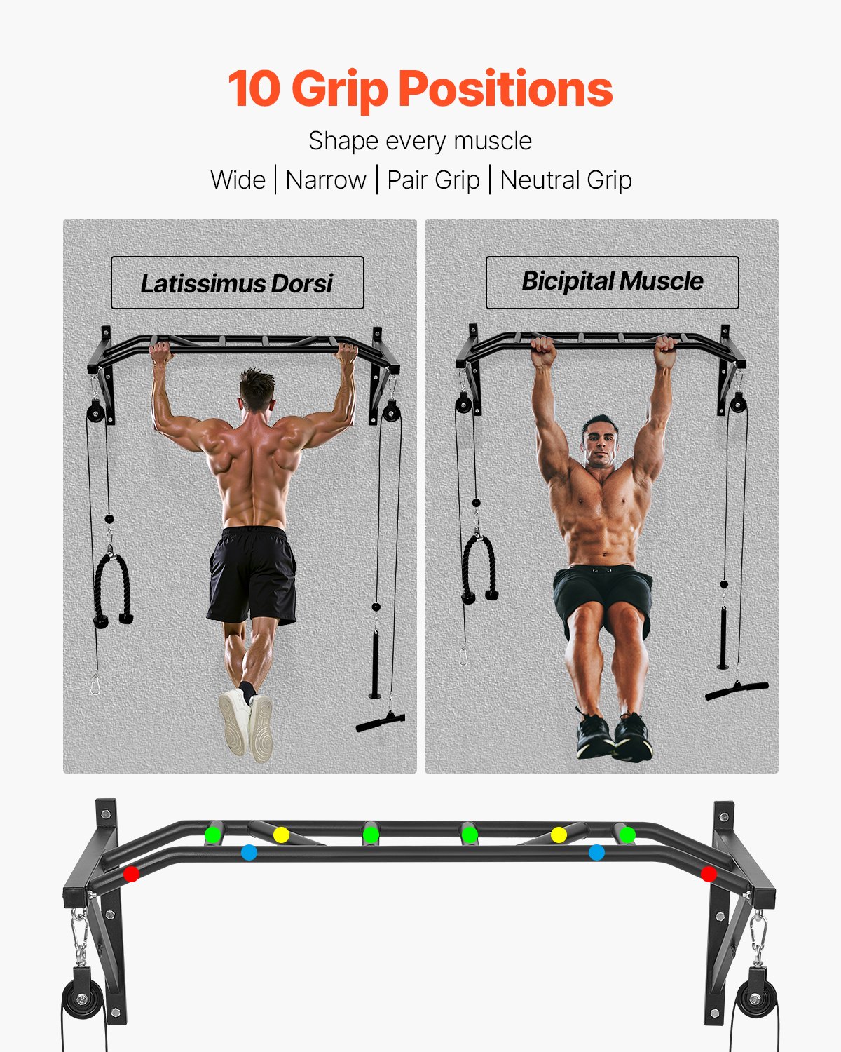 VEVOR Barra de Dominadas de Pared con Agarre Múltiple, para Entrenamiento de Parte Superior del Cuerpo con Accesorios para Dominadas Laterales, Carga 200 kg, para Gimnasio, 1260 x 586 x 456 mm
