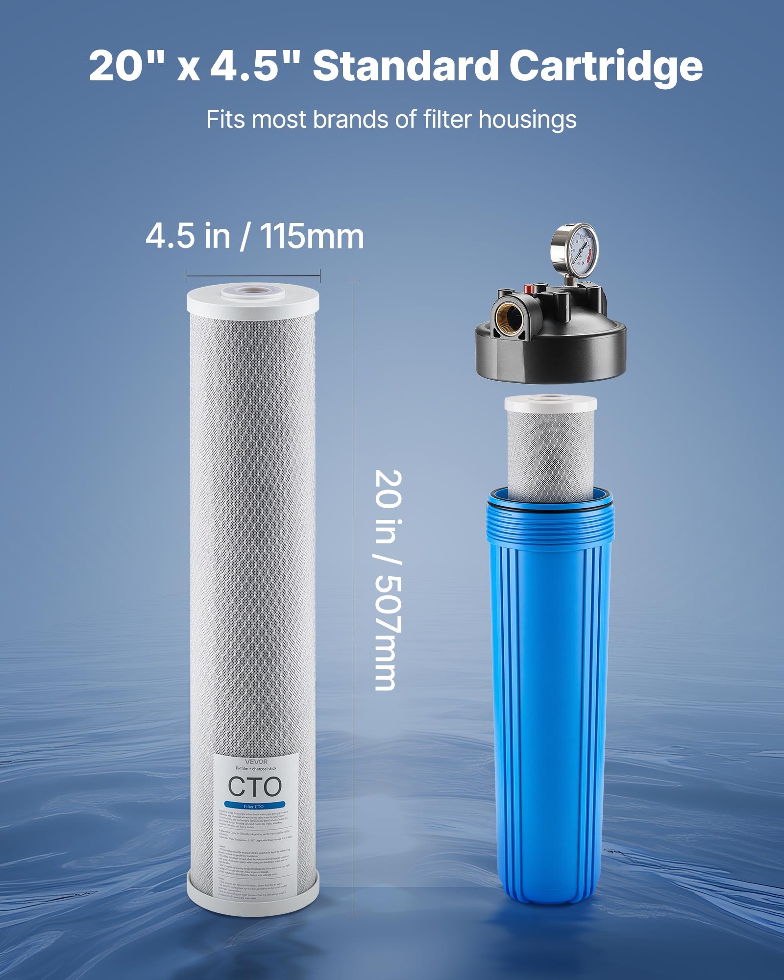 VEVOR Cartucho de Repuesto para Filtro de Agua de 3 Etapas para Toda la Casa, Bloque de Carbón CTO hasta el 99% del Cloro, Reduce el Cloro, el Mal Sabor y el Olor, 9-12 Meses, 115 x 115 x 507 mm