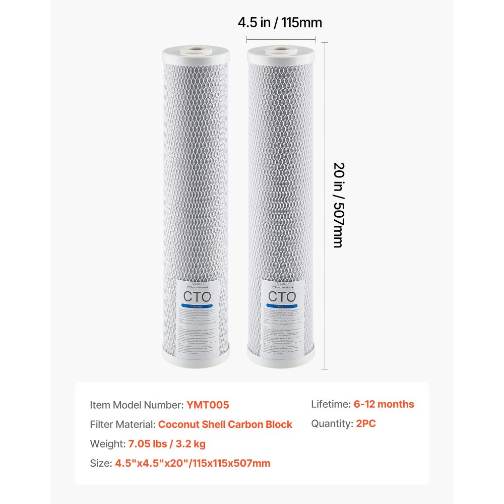 VEVOR Cartucho de Repuesto para Filtro de Agua de 3 Etapas para Toda la Casa, Bloque de Carbón CTO, Reduce el Cloro, el Mal Sabor y el Olor, 115 x 115 x 507 mm, 2 uds, Vida Útil de 9 a 12 Meses