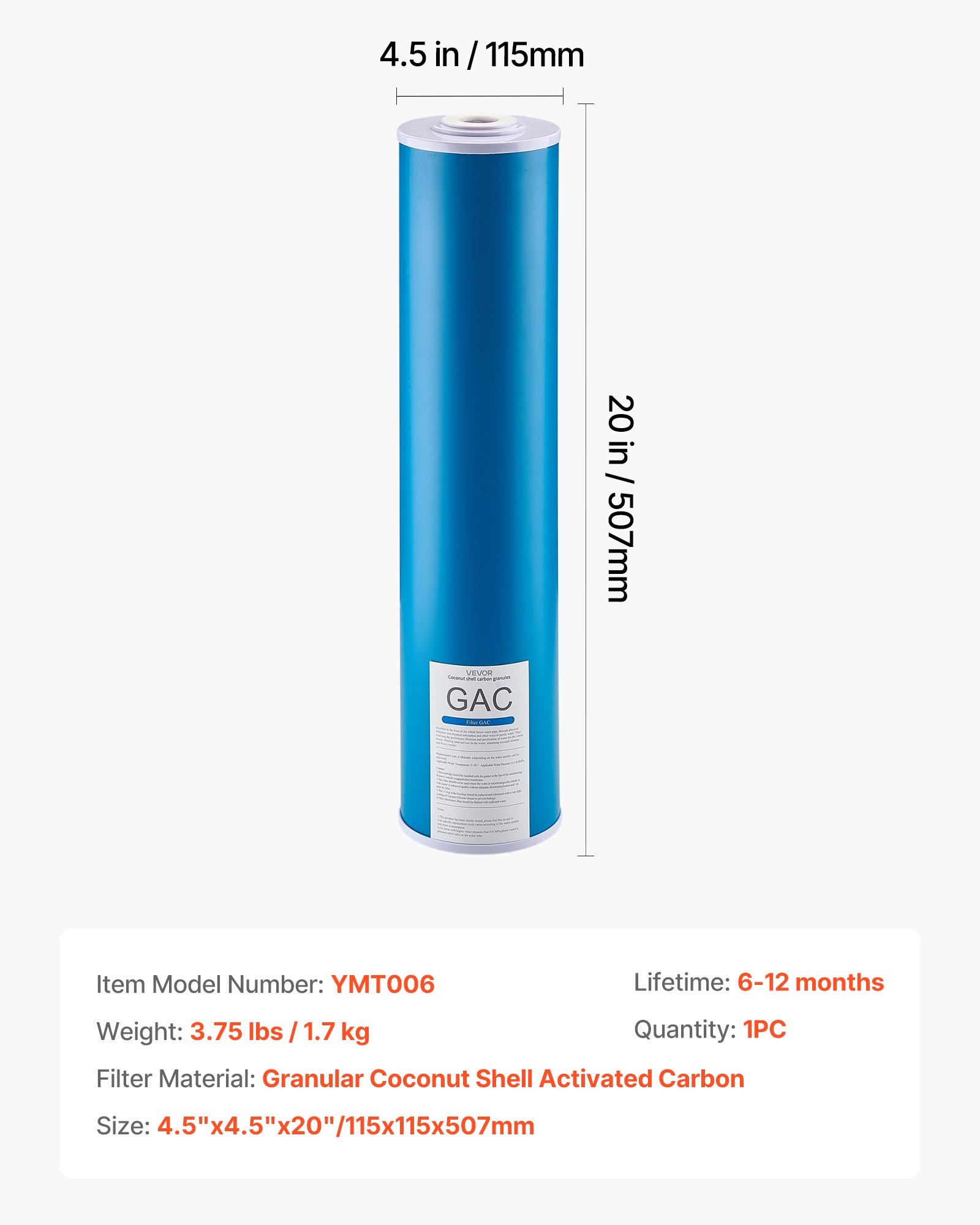 VEVOR Cartucho de Repuesto para Filtro de Agua para Toda la Casa, Carbón Activado GAC, Reduce el Cloro, los Químicos, los COV, el Sabor, 115 x 115 x 507 mm, para Diversos Usos de Agua Domésticos
