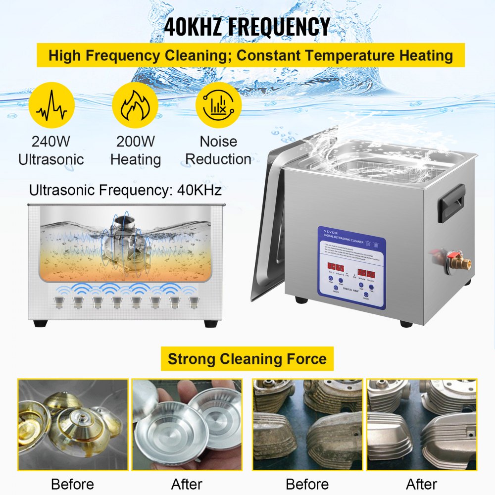VEVOR Limpiador Ultrasónico 10 L Máquina de Limpieza Ultrasónica 240 W Máquina Limpiadora Ultrasónica con Temporizador y Calentador Digital LCD para Joyas, Gafas, Relojes, Metal, Dental, Laboratorio