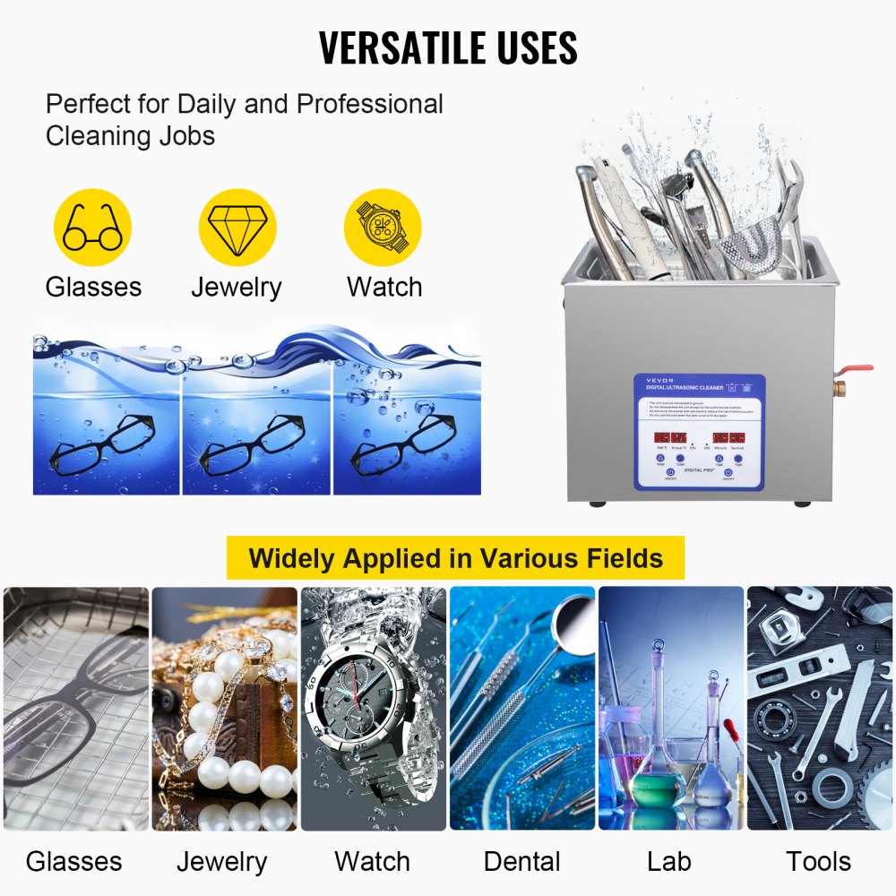 VEVOR Limpiador Ultrasónico 10 L Máquina de Limpieza Ultrasónica 240 W Máquina Limpiadora Ultrasónica con Temporizador y Calentador Digital LCD para Joyas, Gafas, Relojes, Metal, Dental, Laboratorio