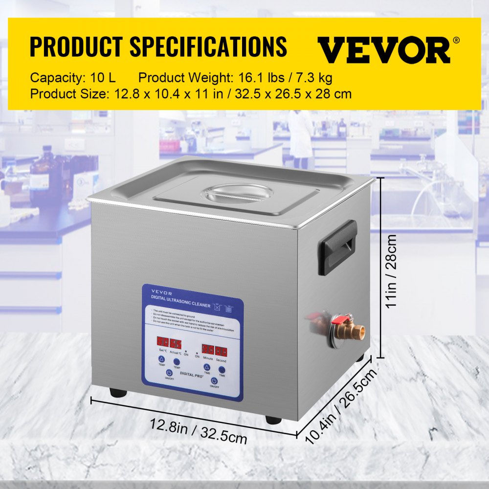 VEVOR Limpiador Ultrasónico 10 L Máquina de Limpieza Ultrasónica 240 W Máquina Limpiadora Ultrasónica con Temporizador y Calentador Digital LCD para Joyas, Gafas, Relojes, Metal, Dental, Laboratorio