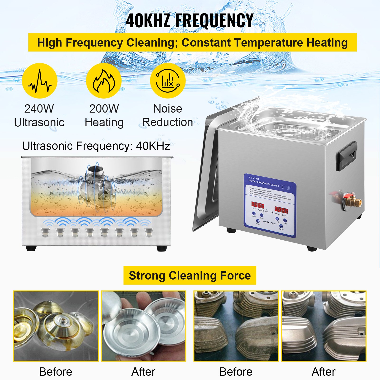 VEVOR Limpiador Ultrasónico 10 L Máquina de Limpieza Ultrasónica 240 W Máquina Limpiadora Ultrasónica con Temporizador y Calentador Digital LCD para Joyas, Gafas, Relojes, Metal, Dental, Laboratorio