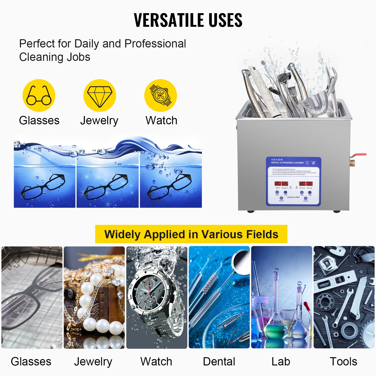 VEVOR Limpiador Ultrasónico 10 L Máquina de Limpieza Ultrasónica 240 W Máquina Limpiadora Ultrasónica con Temporizador y Calentador Digital LCD para Joyas, Gafas, Relojes, Metal, Dental, Laboratorio
