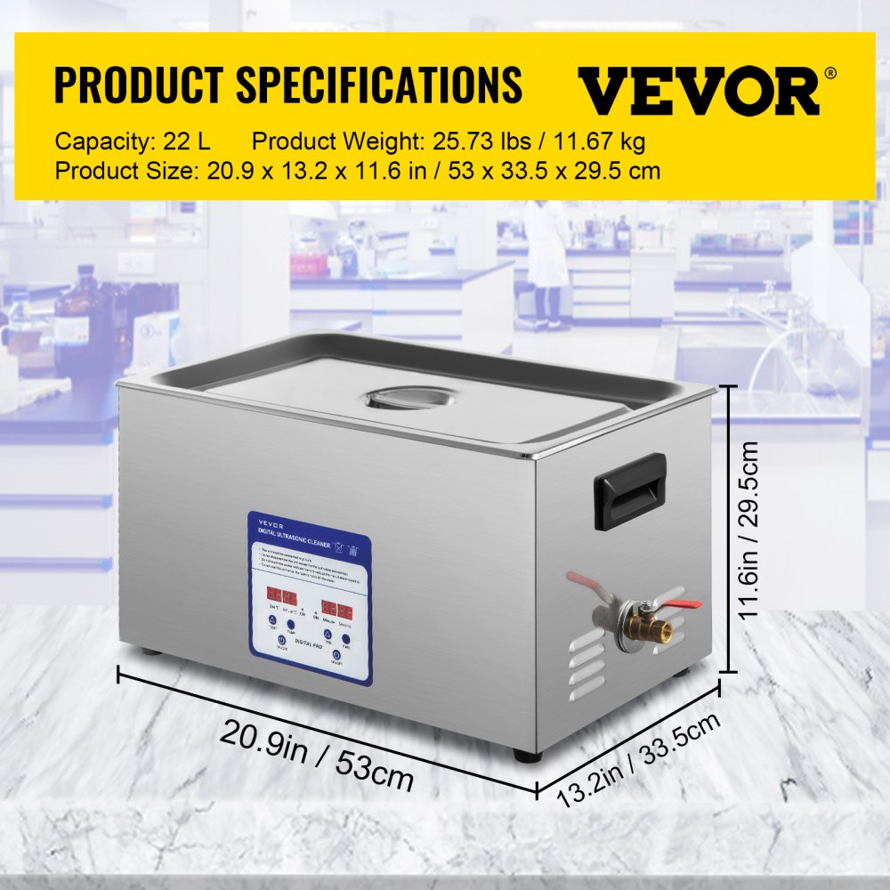 VEVOR Limpiador Ultrasónico 480 W 22 L Máquina de Limpieza Ultrasónica 40 kHz 220 V de Acero Inoxidable Limpiador Ultrasonido con Temporizador Digital para Joyerías, Ópticas, Relojeros, Ferreterías