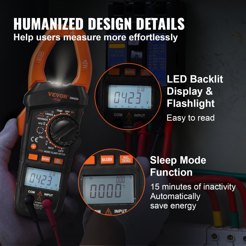 Pinza amperimétrica digital VEVOR con pantalla retroiluminada LED, linterna y función de modo de suspensión para ahorrar energía.