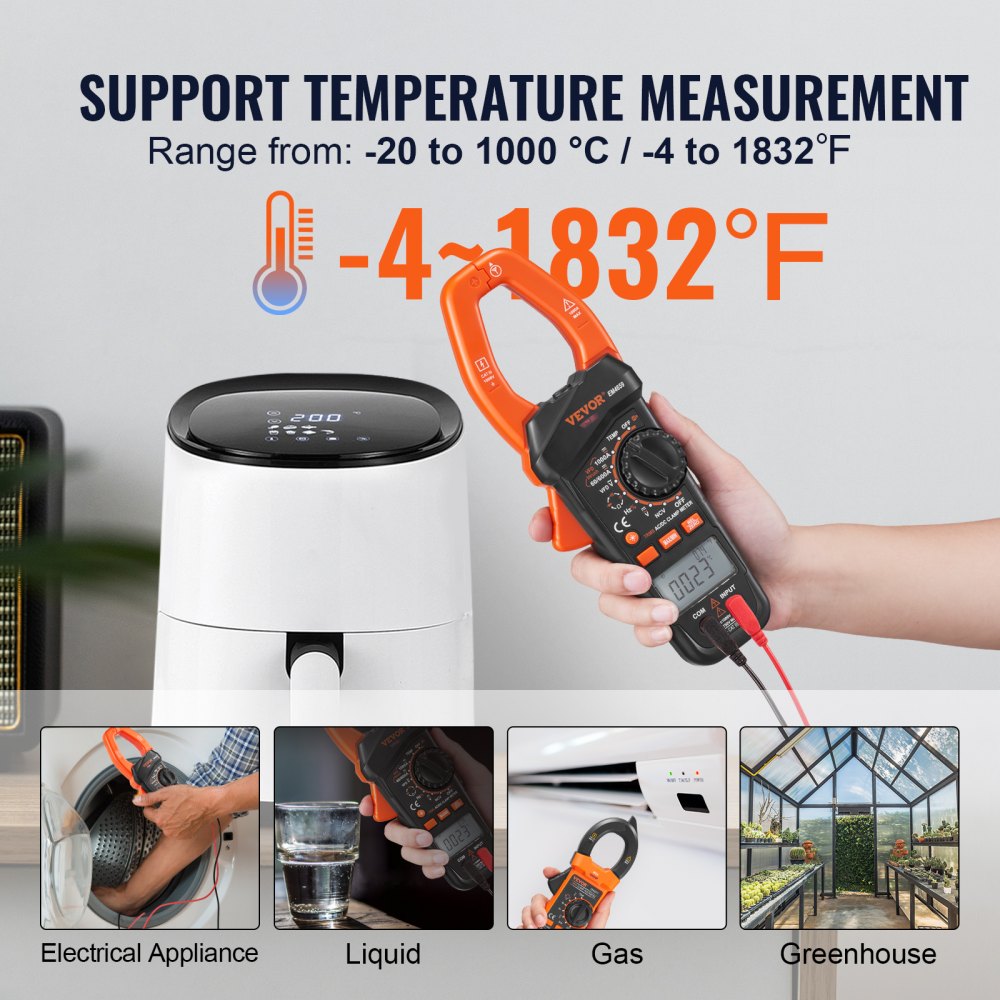 Pinza amperimétrica digital VEVOR que muestra un rango de temperatura de -4 a 1832 °F para diversas aplicaciones.