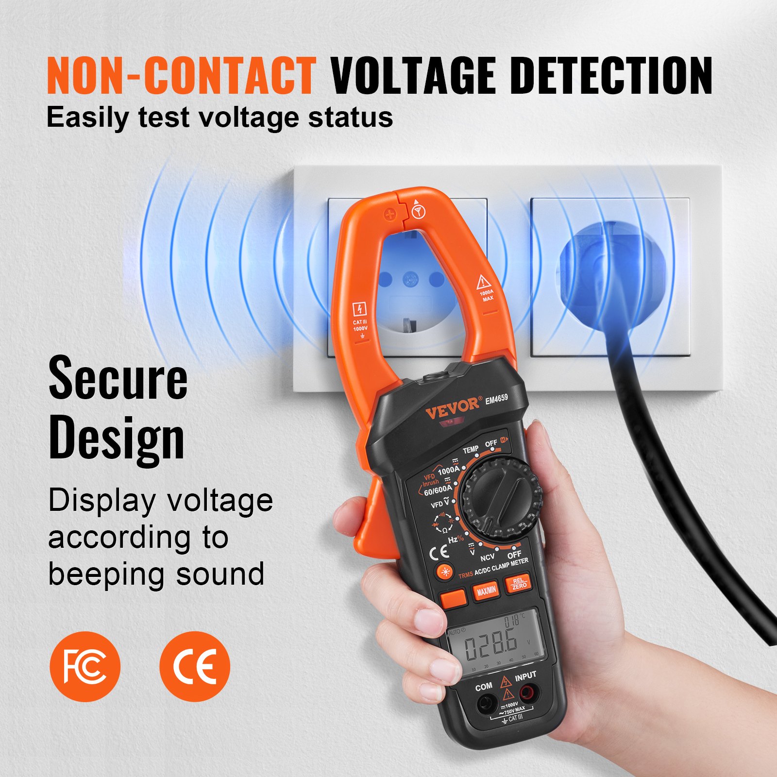 Pinza amperimétrica digital VEVOR que detecta voltaje desde el enchufe, diseño seguro, certificación FCC y CE.
