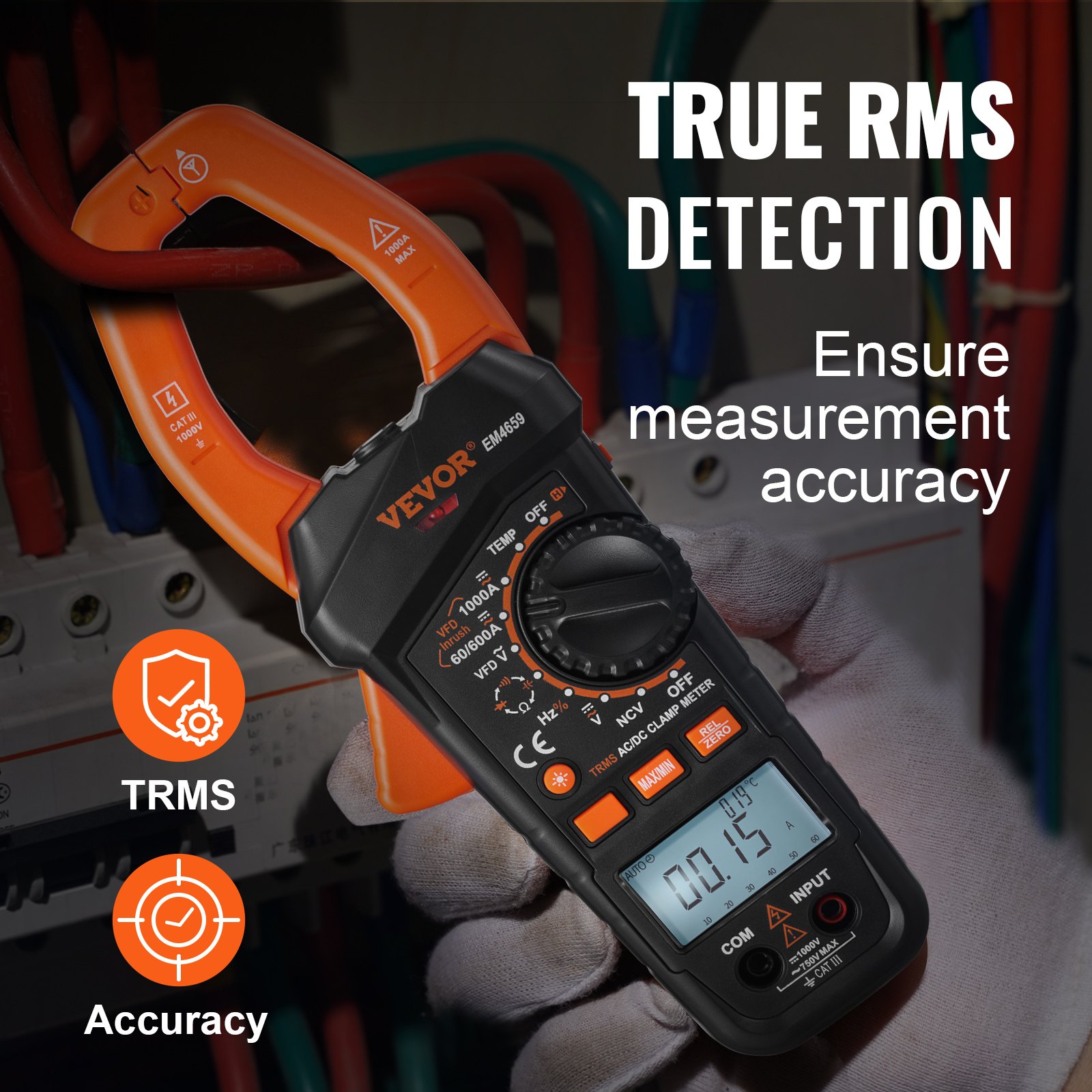 Pinza amperimétrica digital VEVOR que proporciona detección de verdadero valor eficaz para mediciones precisas en cableado eléctrico.