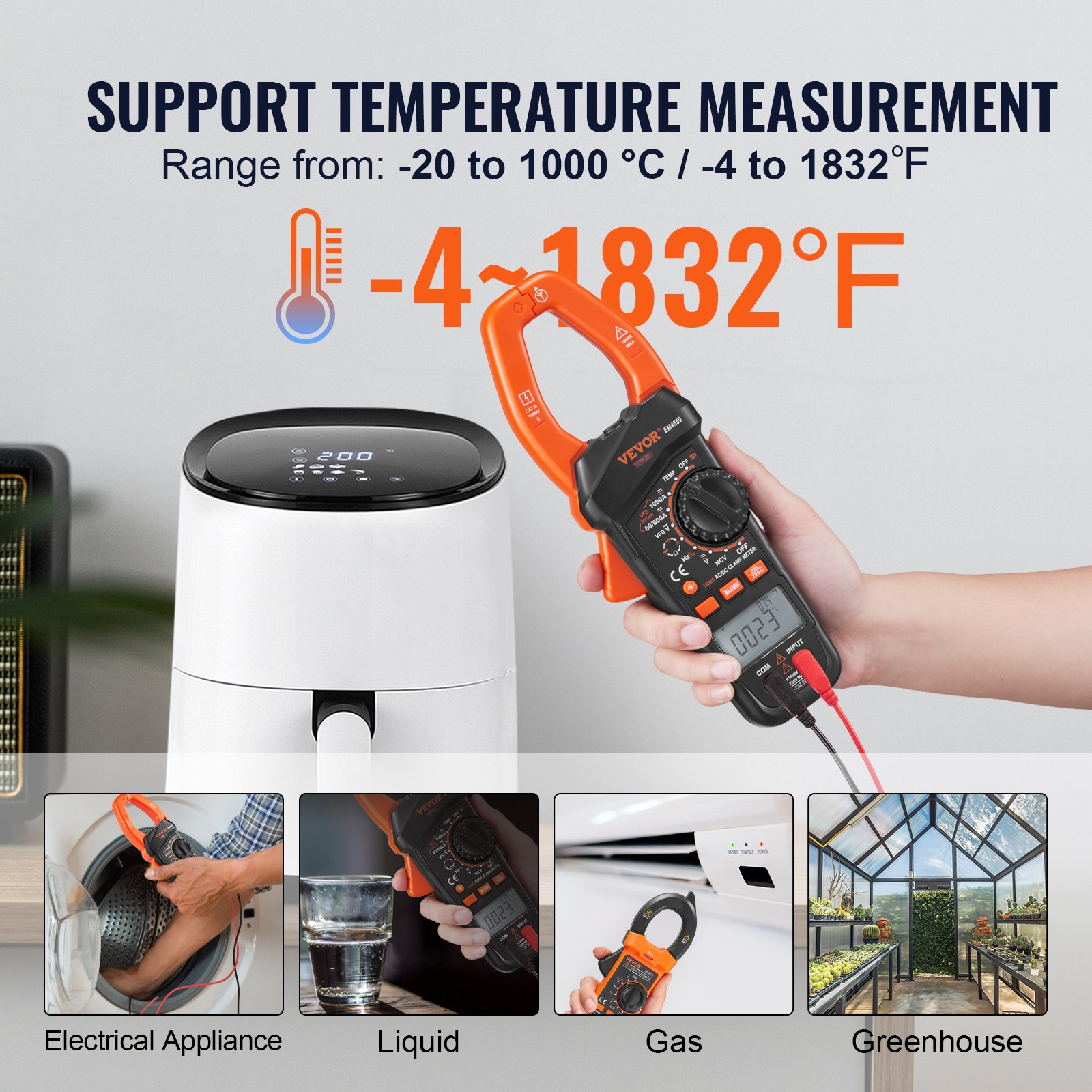 Pinza amperimétrica digital VEVOR que muestra un rango de temperatura de -4 a 1832 °F para diversas aplicaciones.