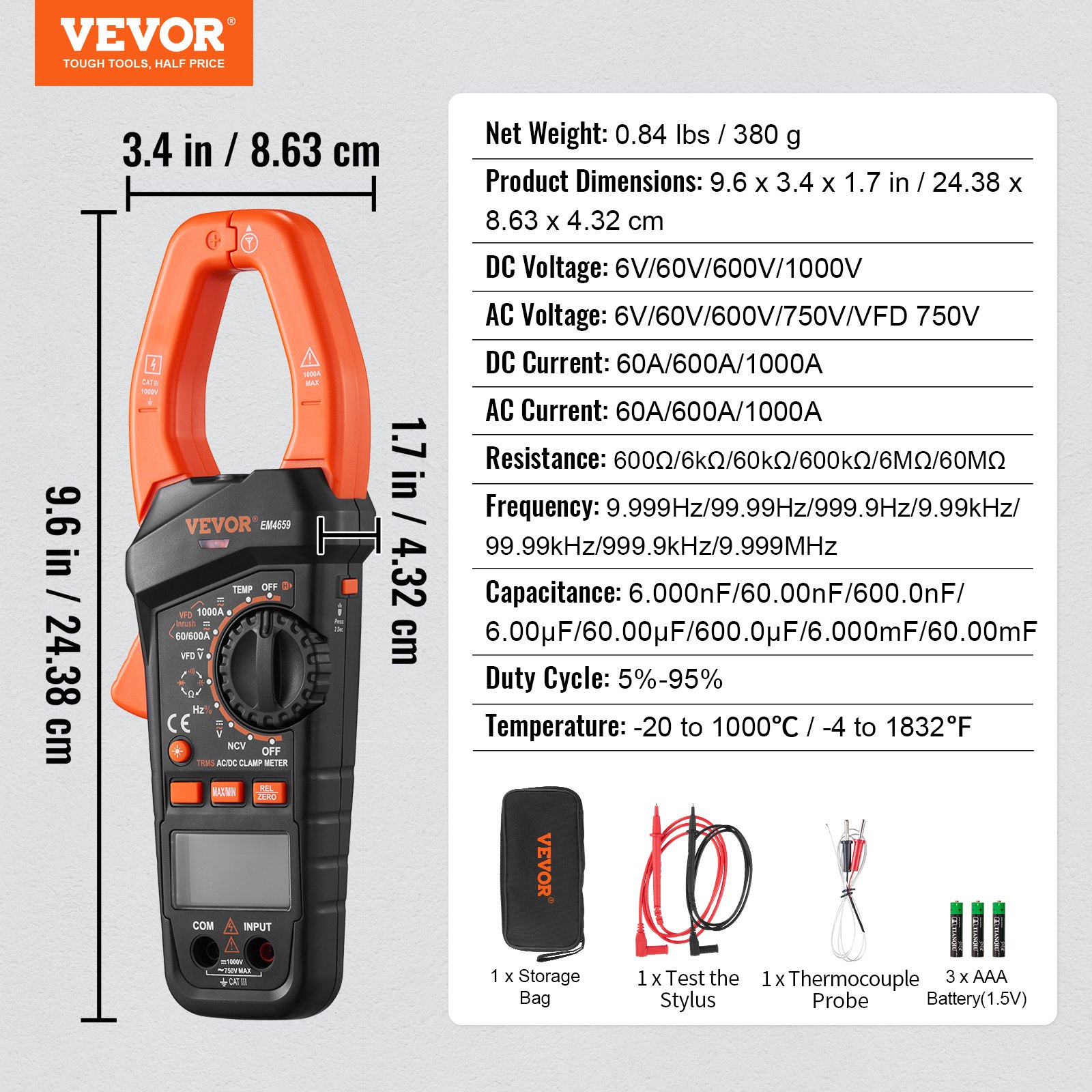 Pinza amperimétrica digital VEVOR con dimensiones, peso, voltaje, corriente, resistencia, frecuencia, capacitancia y rangos de temperatura mostrados.
