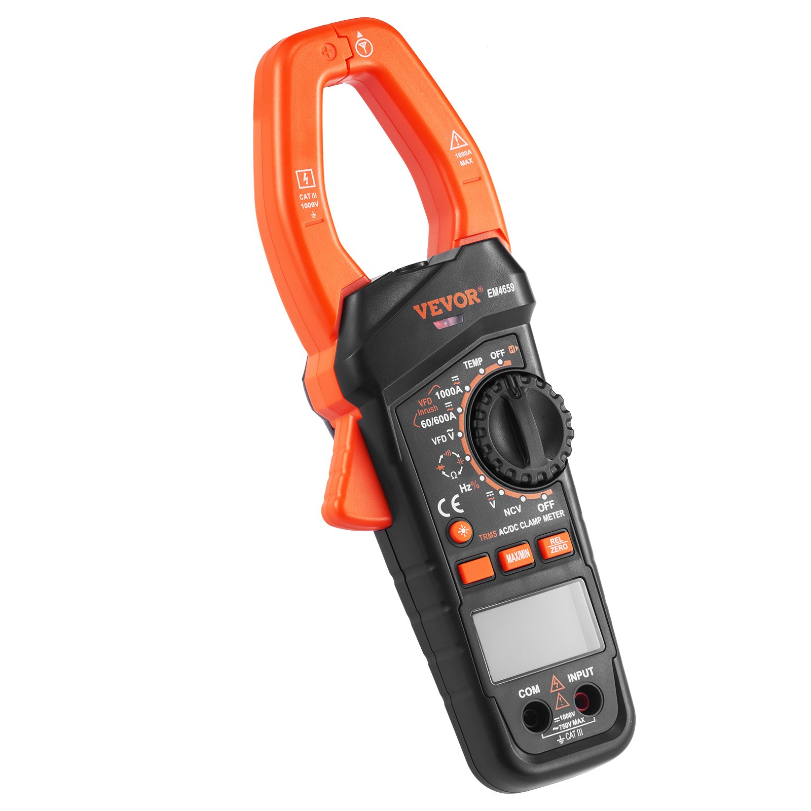 Pinza amperimétrica digital VEVOR con pinza naranja y cuerpo negro que incorpora un dial multímetro y una pantalla de visualización.