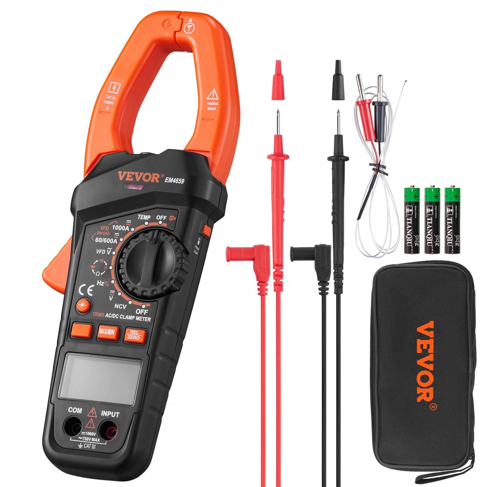 Pinza amperimétrica digital VEVOR con sondas, estuche y baterías mostradas sobre un fondo blanco.