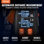 Pinza amperimétrica digital VEVOR que muestra medidas de voltaje, corriente, resistencia, capacitancia y temperatura.