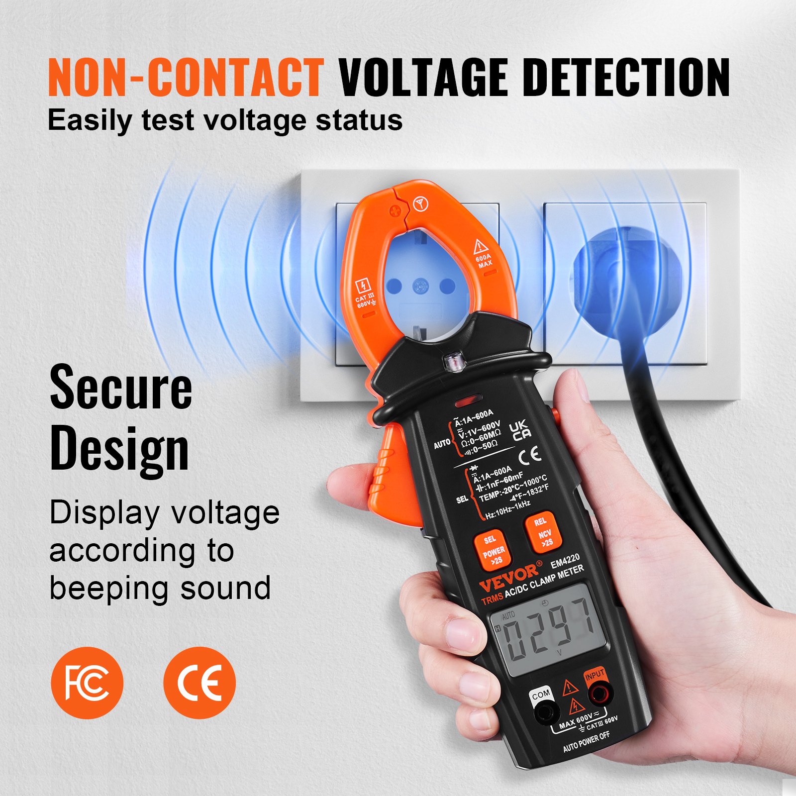 Pinza amperimétrica digital VEVOR para detección de voltaje sin contacto, diseño seguro y funciones de visualización de voltaje.