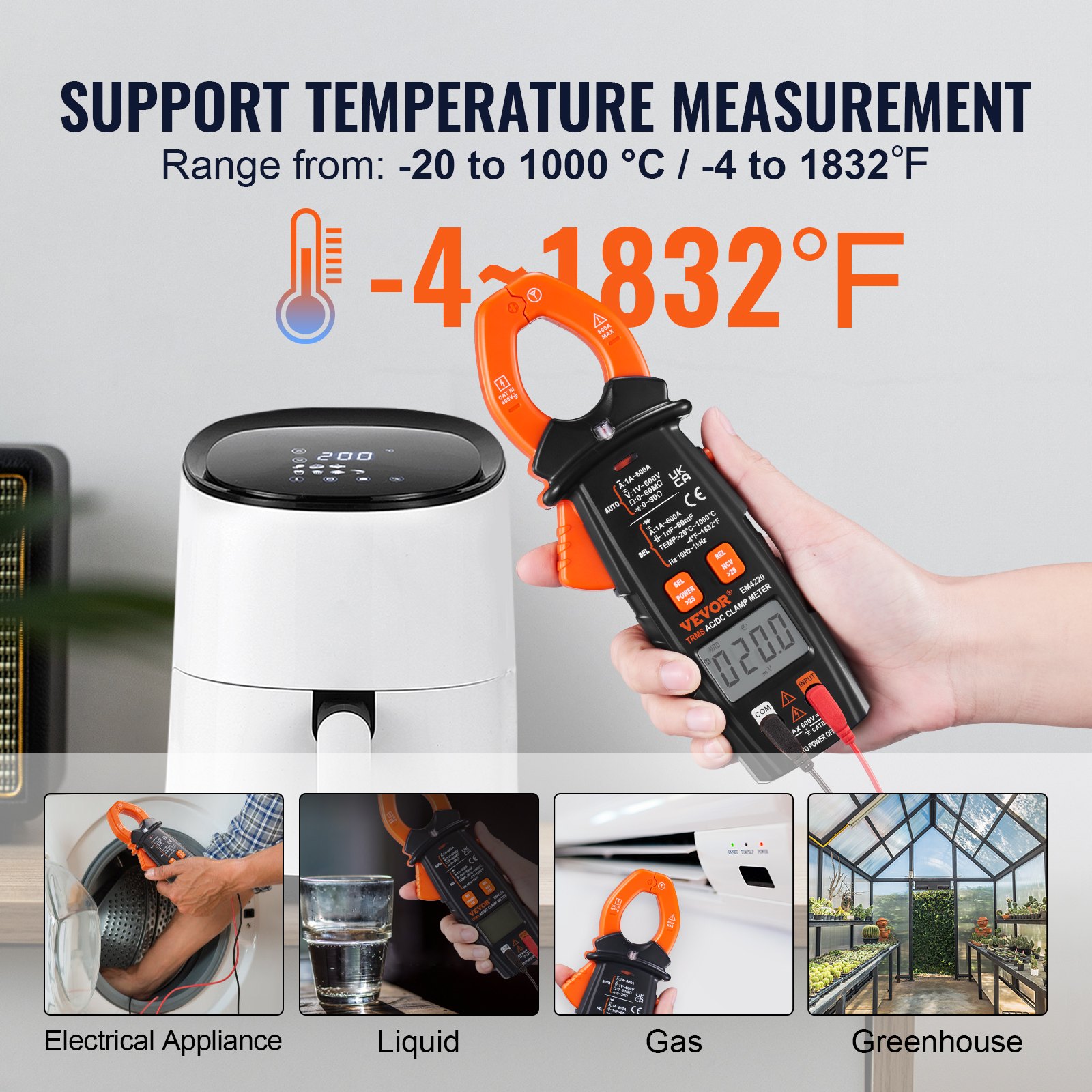 Pinza amperimétrica digital VEVOR que se muestra midiendo la temperatura, con usos en electrodomésticos, líquidos, gases e invernaderos.