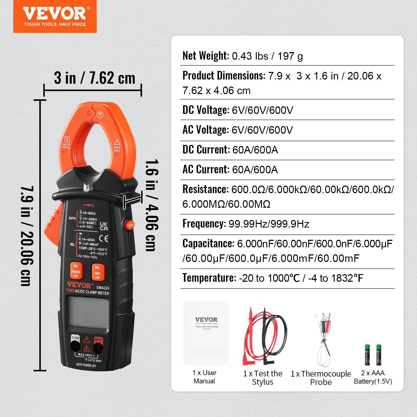 Pinza amperimétrica digital VEVOR con dimensiones, peso, voltaje, corriente, resistencia, frecuencia, capacitancia y detalles de temperatura.