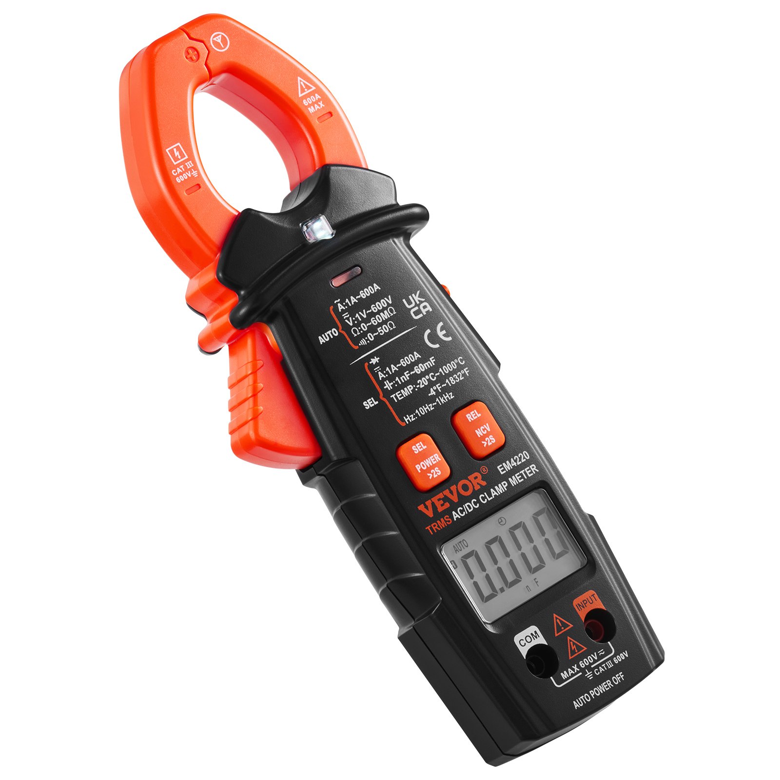 Pinza amperimétrica digital VEVOR con pantalla lcd, cuerpo negro y rojo y varios controles de medición.