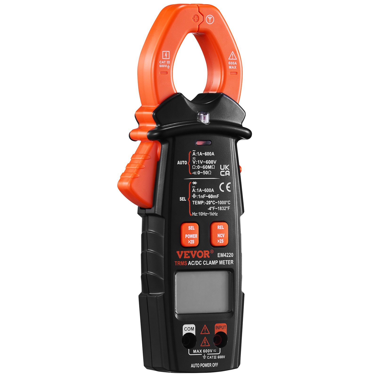 Pinza amperimétrica digital VEVOR con pinza naranja, pantalla de medición y varios botones para mayor funcionalidad.