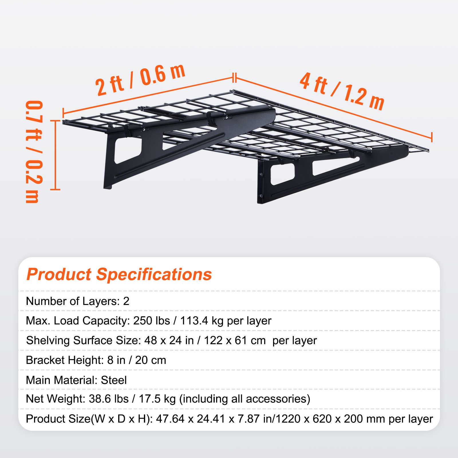 VEVOR Estantes Flotantes de Pared para Garaje, 122 x 61 cm, Juego de 2 Piezas, Gran Superficie Útil, Carga de 227 kg por Estante Colgante de Metal para Herramientas, para Tiendas, Garajes, Almacenes