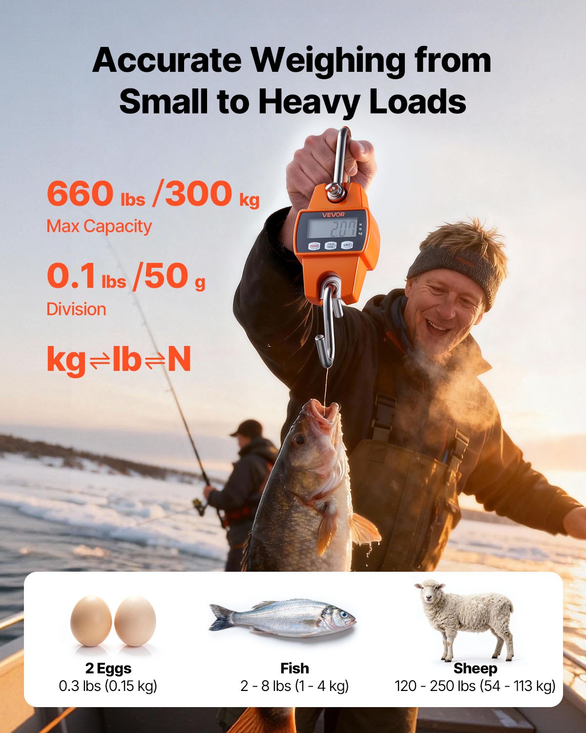 VEVOR Báscula Colgante Digital Carga Máxima 300 kg, Resolución 50 g con Pantalla LCD, Tara, Retención de Pico Datos, Aluminio Fundido, Escala Digital de Grúa Portátil para Granja Pesca Taller Almacén