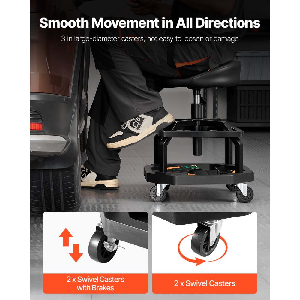 VEVOR Taburete de Taller con Ruedas, Asiento Neumático de Garaje con Capacidad de 136 kg, Altura Ajustable, Giratorio de 360° con Ruedas, para Reparación de Automóviles, 470 x 470 x (595-715) mm