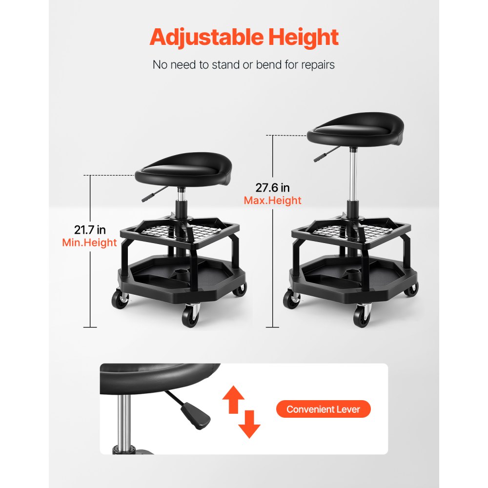 VEVOR Taburete de Taller con Ruedas, Asiento Neumático de Garaje con Capacidad de 136 kg, Altura Ajustable, Giratorio de 360° con Ruedas, para Reparación de Automóviles, 470 x 470 x (595-715) mm