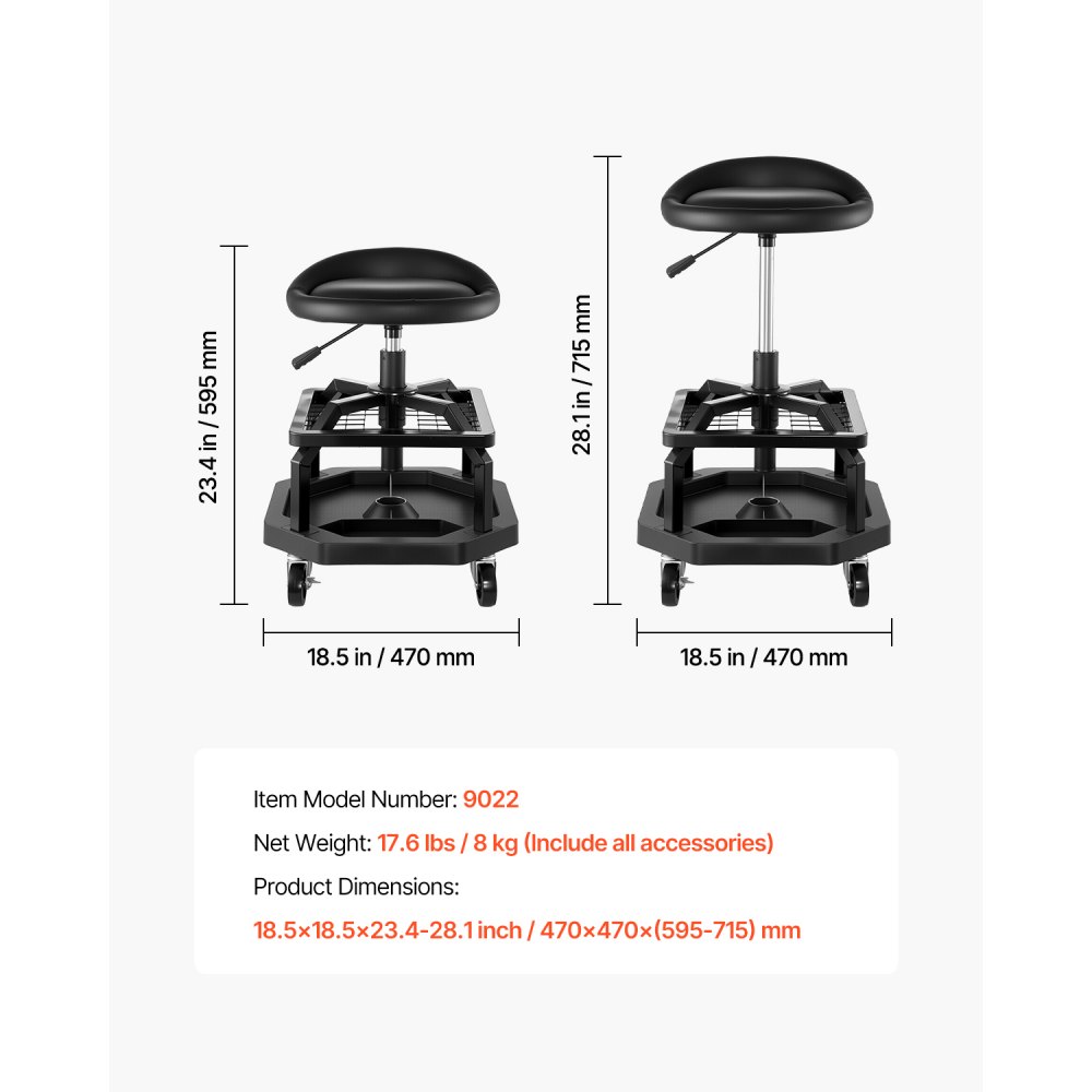 VEVOR Taburete de Taller con Ruedas, Asiento Neumático de Garaje con Capacidad de 136 kg, Altura Ajustable, Giratorio de 360° con Ruedas, para Reparación de Automóviles, 470 x 470 x (595-715) mm