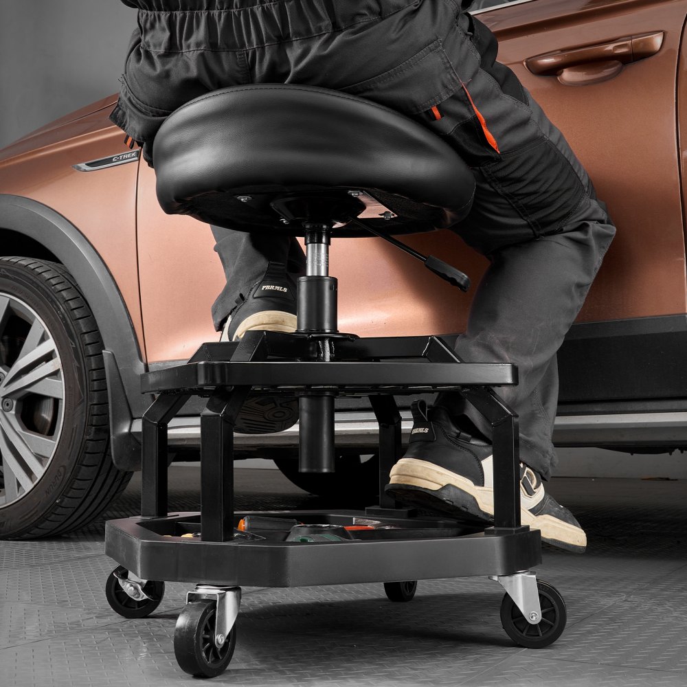 VEVOR Taburete de Taller con Ruedas, Asiento Neumático de Garaje con Capacidad de 136 kg, Altura Ajustable, Giratorio de 360° con Ruedas, para Reparación de Automóviles, 470 x 470 x (595-715) mm