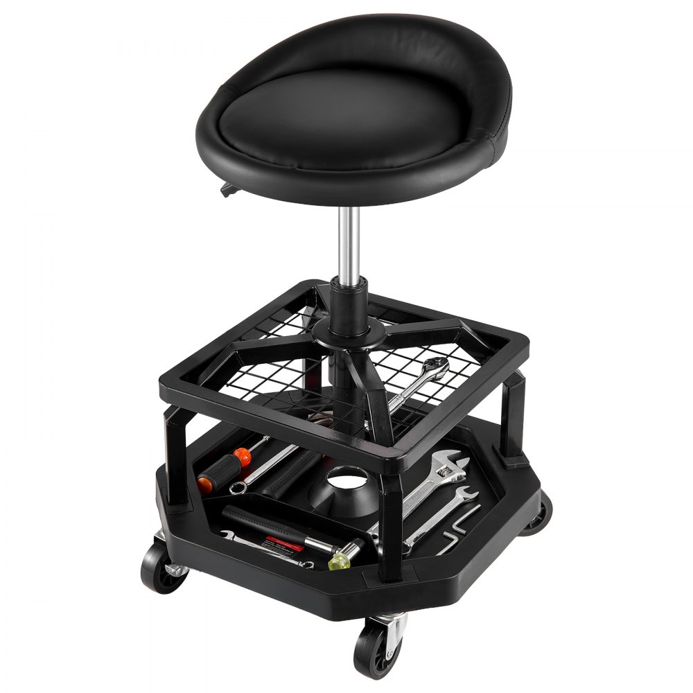 VEVOR Taburete de Taller con Ruedas, Asiento Neumático de Garaje con Capacidad de 136 kg, Altura Ajustable, Giratorio de 360° con Ruedas, para Reparación de Automóviles, 470 x 470 x (595-715) mm