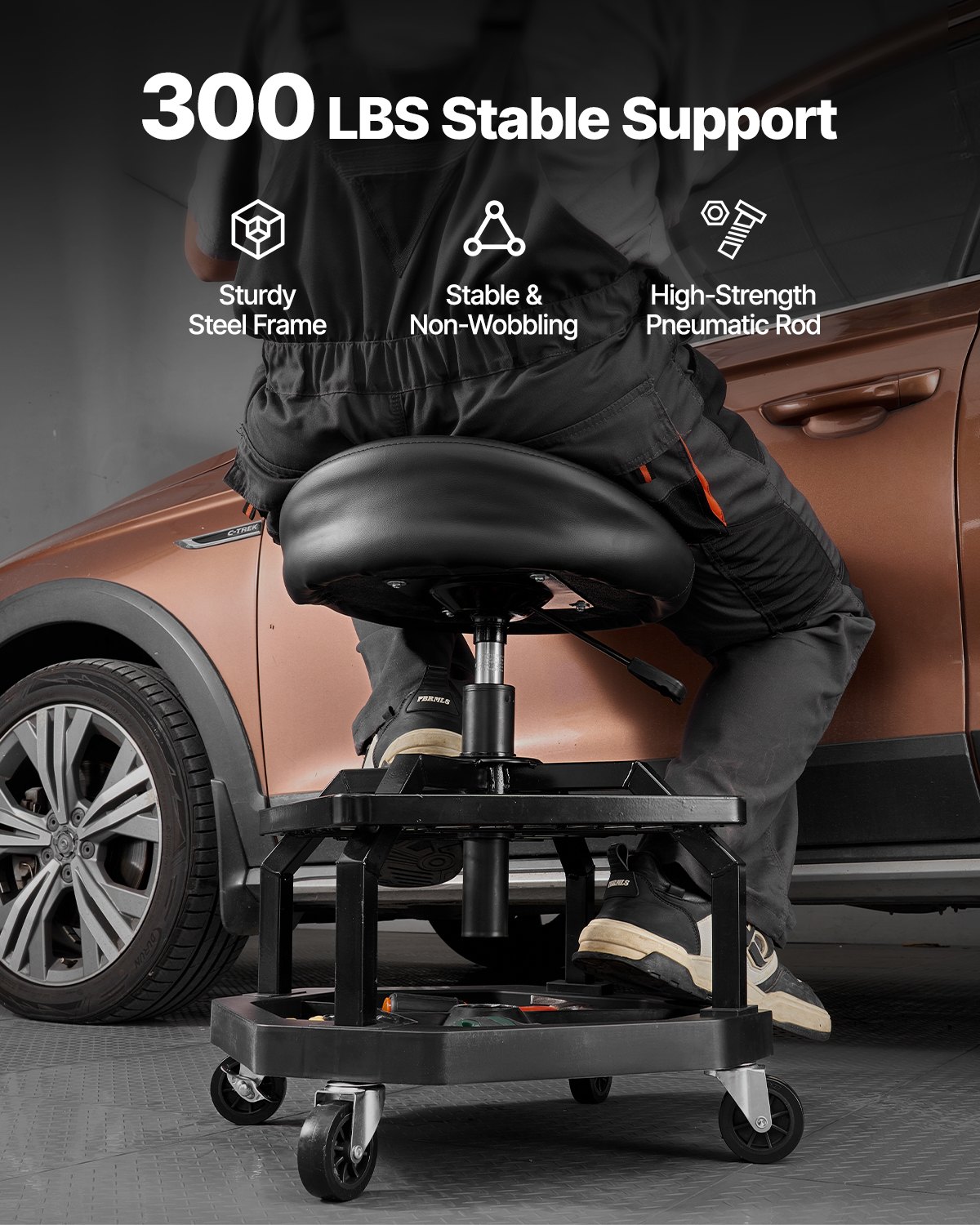 VEVOR Taburete de Taller con Ruedas, Asiento Neumático de Garaje con Capacidad de 136 kg, Altura Ajustable, Giratorio de 360° con Ruedas, para Reparación de Automóviles, 470 x 470 x (595-715) mm