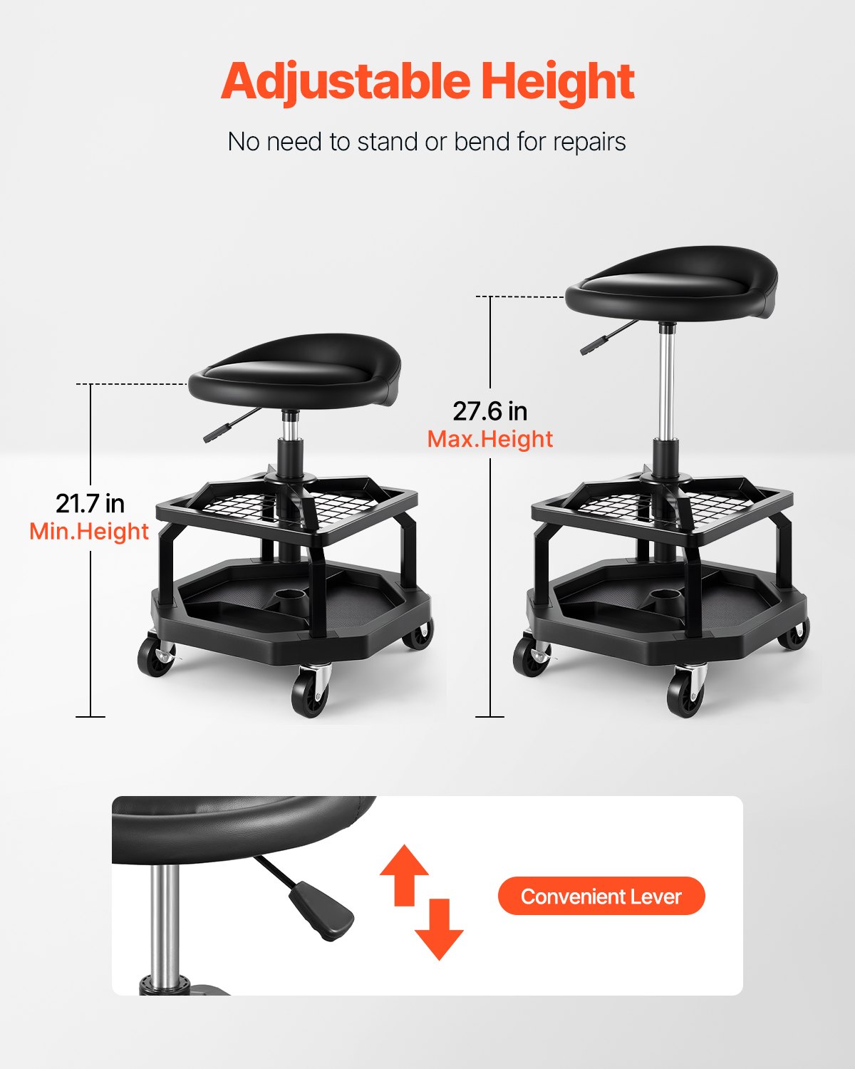 VEVOR Taburete de Taller con Ruedas, Asiento Neumático de Garaje con Capacidad de 136 kg, Altura Ajustable, Giratorio de 360° con Ruedas, para Reparación de Automóviles, 470 x 470 x (595-715) mm