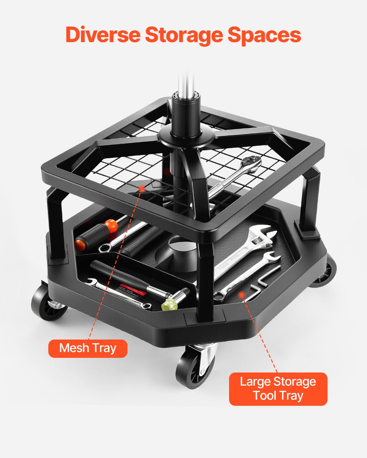 VEVOR Taburete de Taller con Ruedas, Asiento Neumático de Garaje con Capacidad de 136 kg, Altura Ajustable, Giratorio de 360° con Ruedas, para Reparación de Automóviles, 470 x 470 x (595-715) mm