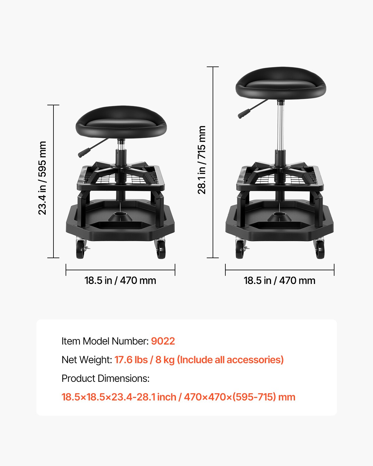 VEVOR Taburete de Taller con Ruedas, Asiento Neumático de Garaje con Capacidad de 136 kg, Altura Ajustable, Giratorio de 360° con Ruedas, para Reparación de Automóviles, 470 x 470 x (595-715) mm