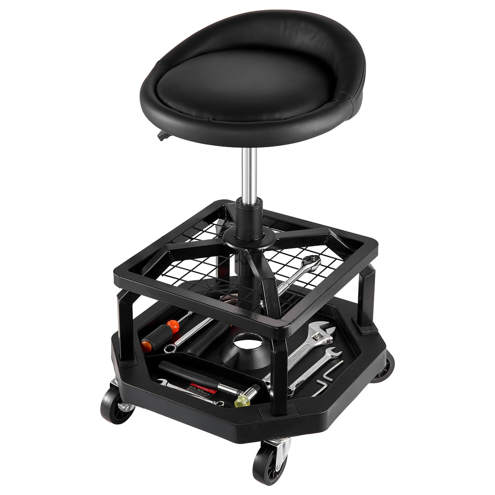 VEVOR Taburete de Taller con Ruedas, Asiento Neumático de Garaje con Capacidad de 136 kg, Altura Ajustable, Giratorio de 360° con Ruedas, para Reparación de Automóviles, 470 x 470 x (595-715) mm