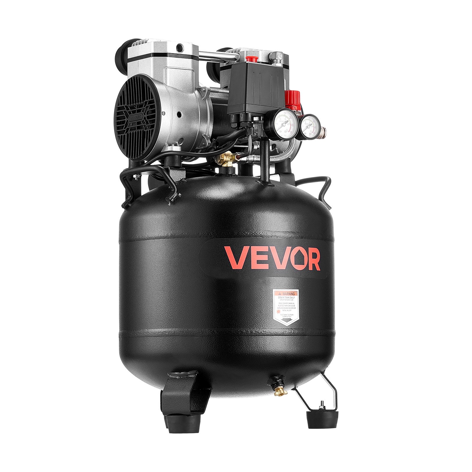 VEVOR Compresor de Aire 30 L, Motor de 1,5 kW sin Aceite, Caudal de 113 L/min, Presión Máx. 10 Bar, Compresor Silencioso 75 dB, Vertical, para Inflación de Neumáticos Pistola de Pintura Carpintería