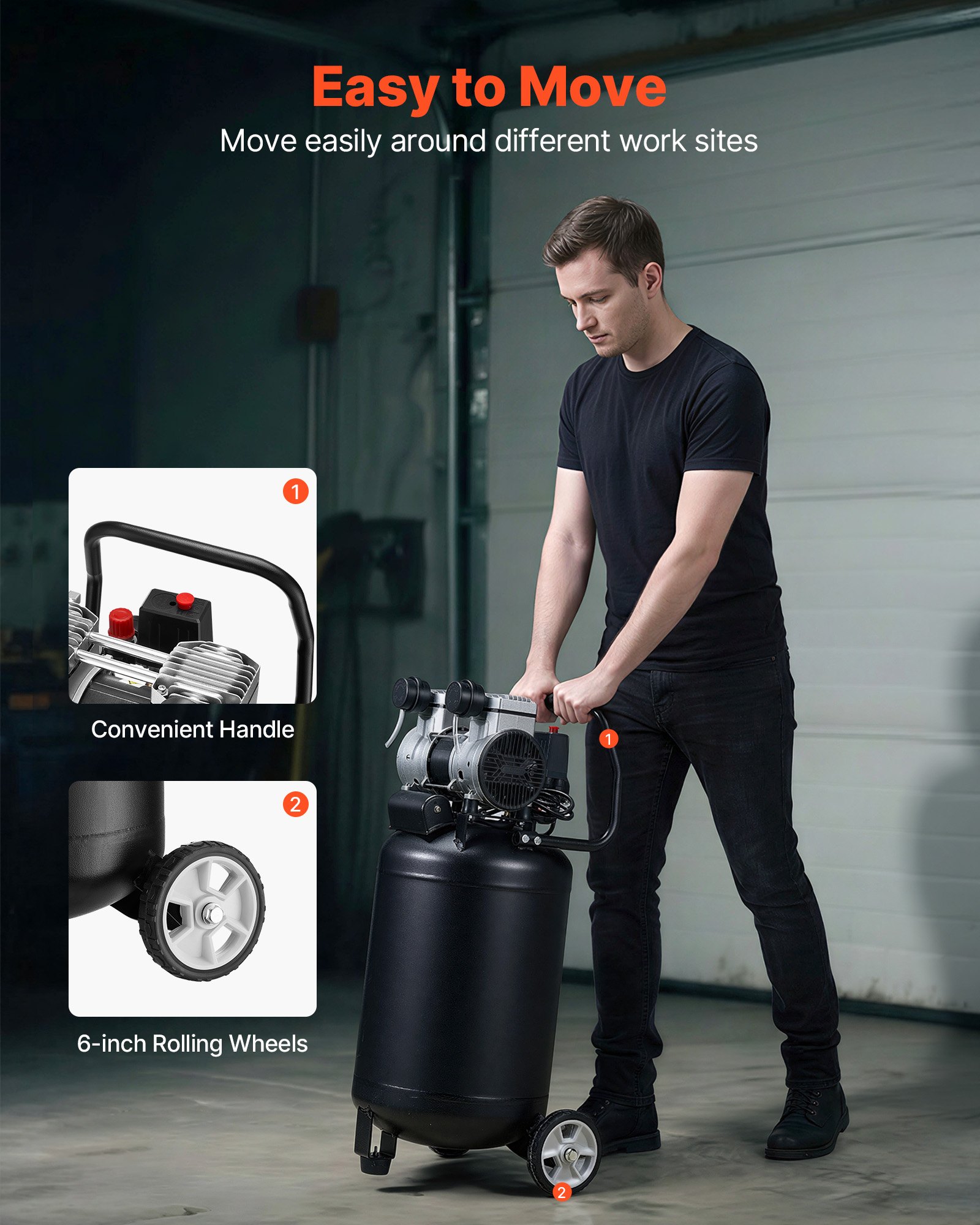 VEVOR Compresor de Aire 50 L, Motor de 1,5 kW sin Aceite, 113 L/min, Presión Máx. 8 Bar, Compresor Silencioso 75 dB, Portátil con Ruedas, para Inflación de Neumáticos Pistola de Pintura Carpintería