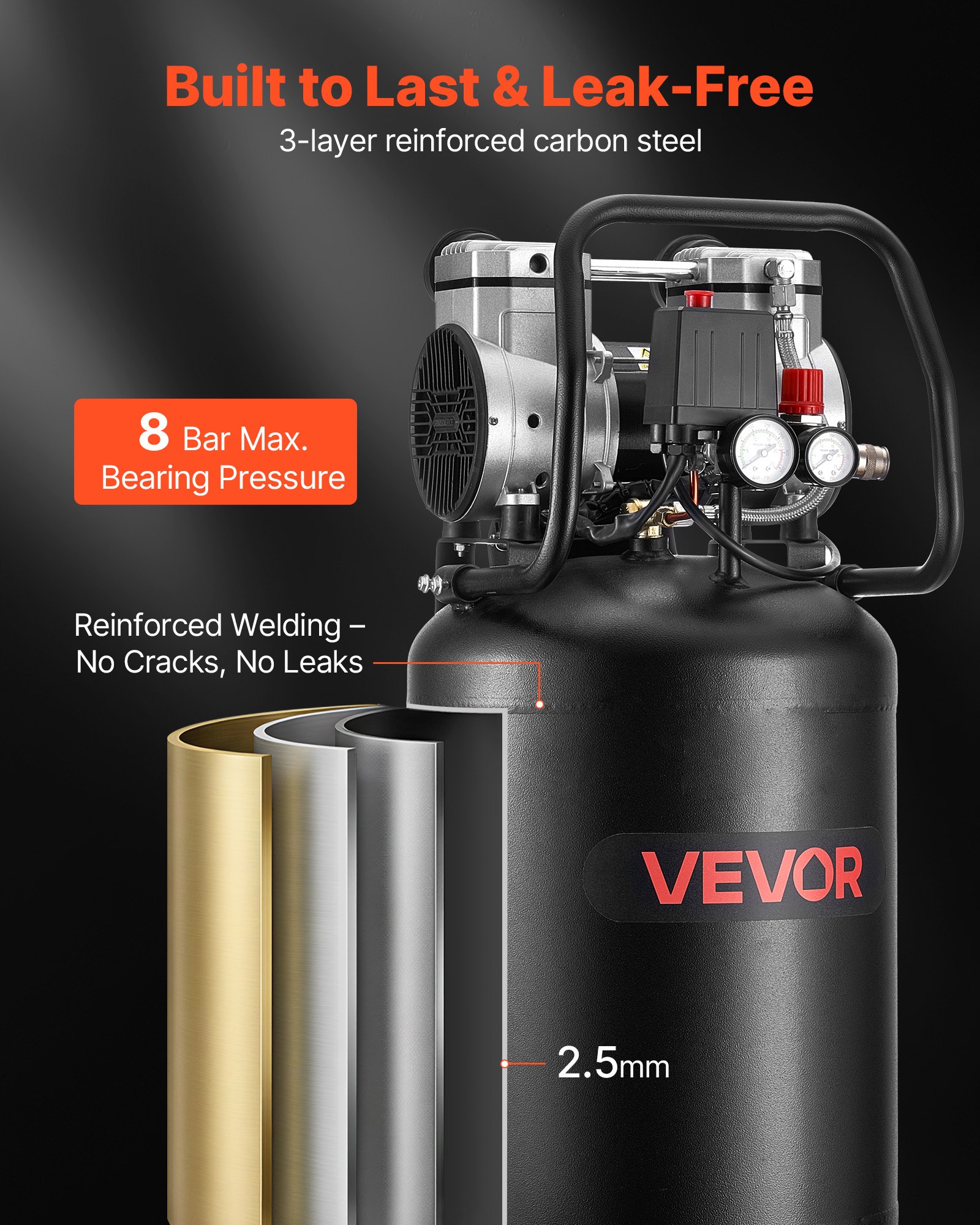VEVOR Compresor de Aire 50 L, Motor de 1,5 kW sin Aceite, 113 L/min, Presión Máx. 8 Bar, Compresor Silencioso 75 dB, Portátil con Ruedas, para Inflación de Neumáticos Pistola de Pintura Carpintería