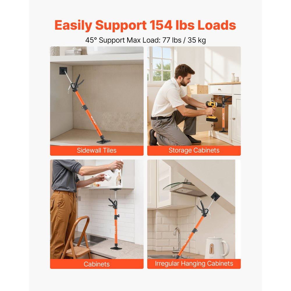 VEVOR Barra de Soporte para Elevador de Armarios, 2 Piezas, Ajustable 53-115 cm, Varilla Telescópica Rápida Liviana de Acero, Carga de 70 kg para Instalar Armarios y Levantar Paneles de Yeso