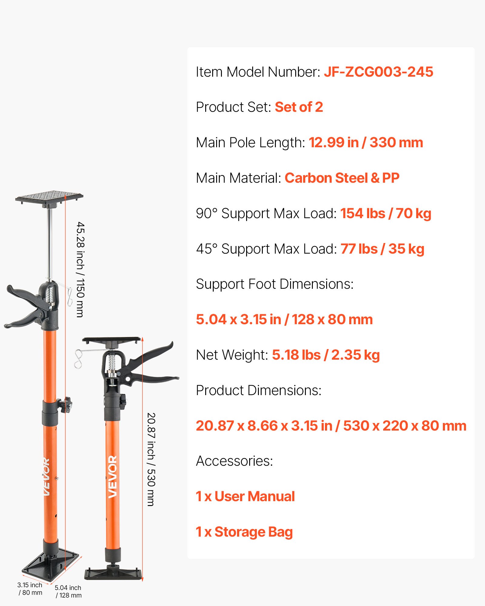 VEVOR Barra de Soporte para Elevador de Armarios, 2 Piezas, Ajustable 53-115 cm, Varilla Telescópica Rápida Liviana de Acero, Carga de 70 kg para Instalar Armarios y Levantar Paneles de Yeso