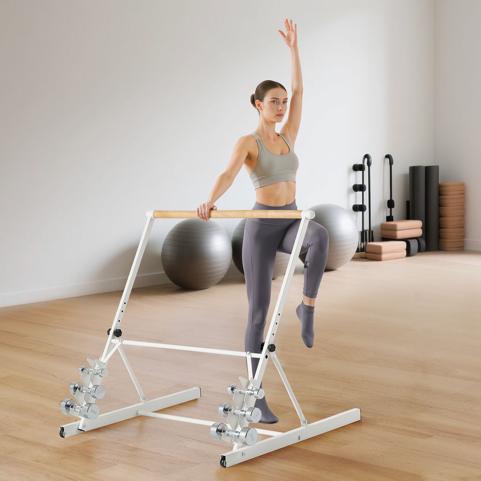 VEVOR Barra Elástica de Madera de Ballet, 4 Niveles, con Un Asa de Bloqueo Lateral, para Ejercicios de Ballet, Entrenamiento de Equilibrio, Ejercicios de Relajación y Yoga, 1048 x 870 x 950 mm