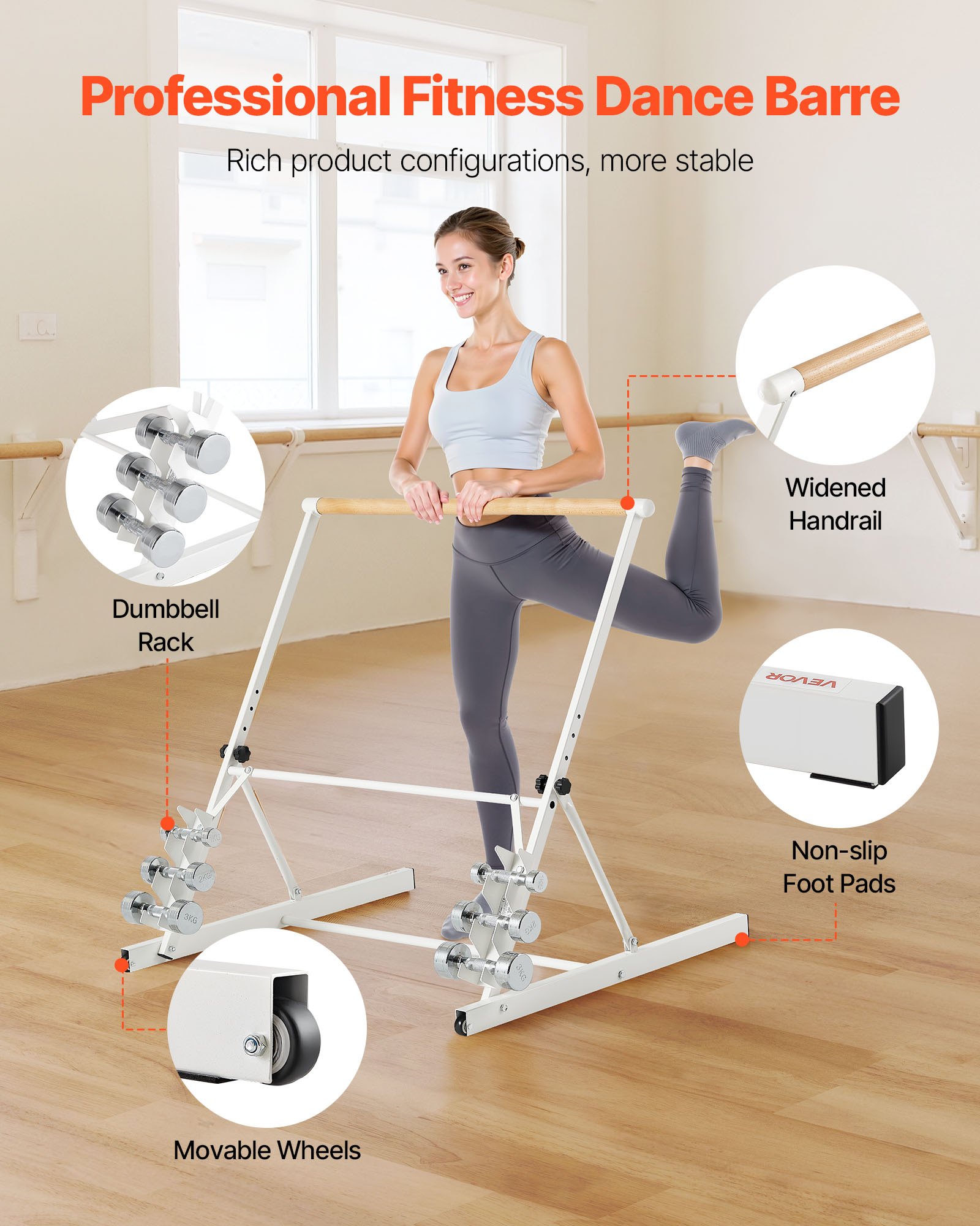 VEVOR Barra Elástica de Madera de Ballet, 4 Niveles, con Un Asa de Bloqueo Lateral, para Ejercicios de Ballet, Entrenamiento de Equilibrio, Ejercicios de Relajación y Yoga, 1048 x 870 x 950 mm